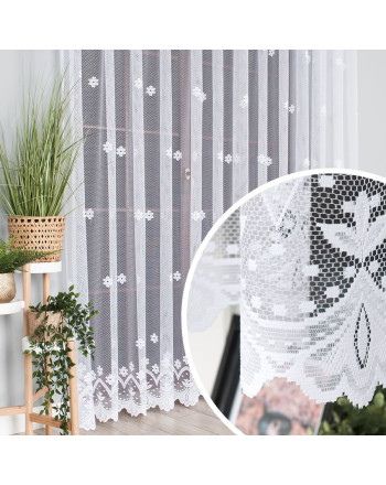 Firana żakardowa na taśmie z kwiatami, kolor biały, wysokość do 250 cm - szyta na wymiar