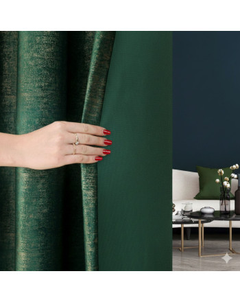 Gotowa zasłona welwetowa na przelotkach, ze złotym nadrukiem, kolor ciemnozielony butelkowy, rozmiar 140x250 cm, Eleonora