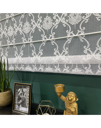 Roleta rzymska firanowa do kuchni ze geometrycznym wzorem po całości, kolor biały - szyta na wymiar