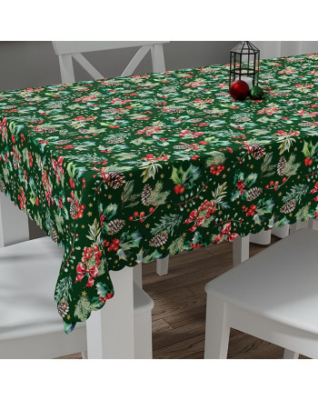 Obrus z tkaniny wodoodpornej, kolor zielony z nadrukiem, wykończony chmurką, Jarzębina - szyty na wymiar