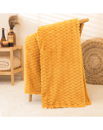 Puszysty i miękki wytłaczany koc, kolor żółty musztardowy, oferowany w dwóch rozmiarach, Mikos