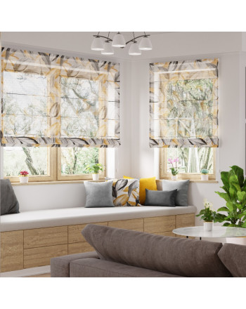 Gotowa roleta rzymska o półprzezroczystej strukturze w musztardowo-szare liście 