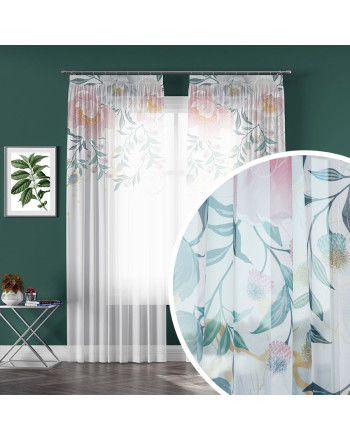 Zasłona dekoracyjna z woalu na taśmie z kwiatowym motywem w górnej części, kolor biały z różowym, rozmiar 140x250 cm, Flaura