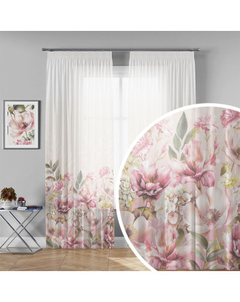 Zasłona dekoracyjna gotowa z woalu na taśmie z motywem różowych kwiatów, rozmiar 140x250 cm, Wera