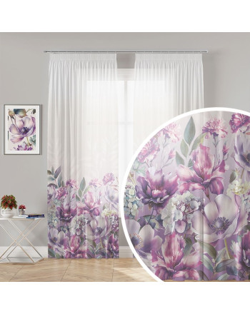 Zasłona dekoracyjna gotowa z woalu na taśmie, fioletowe kwiaty, rozmiar 140x250 cm, Wera