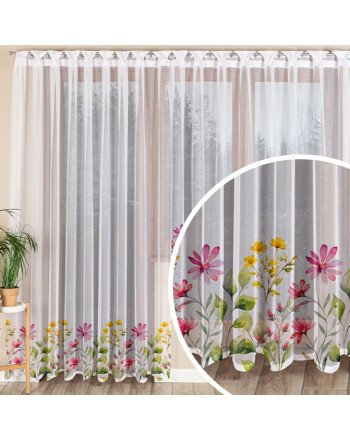 Gotowa długa firana żakardowa z otworami na drążek, kolor biały z kwiatowym nadrukiem, oferowana w kilku rozmiarach, Kwiatowa łąka