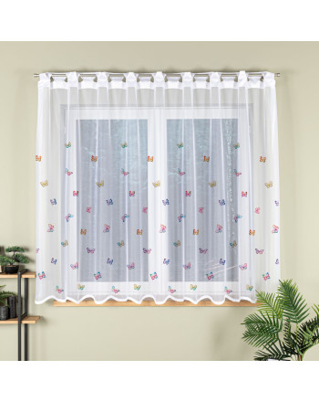 Krótka gotowa firanka żakardowa z otworami na drążek, kolor biały z kolorowym nadrukiem, oferowana w kilku rozmiarach, Motylki