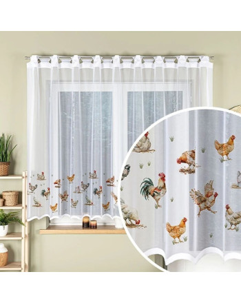 Gotowa firanka żakardowa z nadrukiem kurczaków i otworami na drążek, oferowana w kilku rozmiarach, Kury