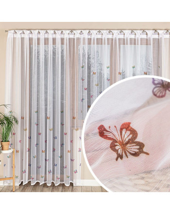 Długa gotowa firana żakardowa z otworami na drążek, kolor biały z kolorowym nadrukiem, oferowana w kilku rozmiarach, Motylki