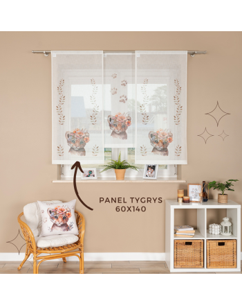 Panel firanowy o strukturze lnu do pokoju dziecięcego z motywem tygrysa, rozmiar 60x140 cm