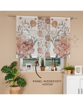 Panel firanowy wzorzysty o strukturze lnu z motywem piwonii w stylu boho, rozmiar 40x120 cm