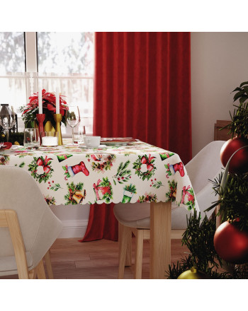 Obrus z tkaniny wodoodpornej z wielokolorowym nadrukiem, oferowany w dwóch rozmiarach, Świąteczny mix