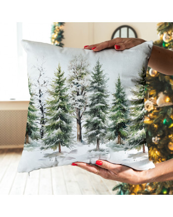 Welwetowa poszewka z nadrukiem w odcieniu zielonym, rozmiar 40x40 cm, Las zimą