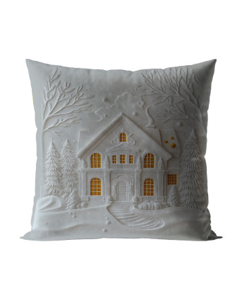 Welwetowa poszewka dekoracyjna, kolor jasnoszary, nadruk z efektem 3D, rozmiar 40x40 cm, Zimowy domek