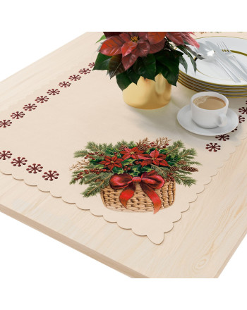 Bieżnik świąteczny 50x100 cm z nadrukiem bukietów w koszyku i czerwonych śnieżynek, tkanina wodoodporna, wykończenie ultrasoniczną chmurką