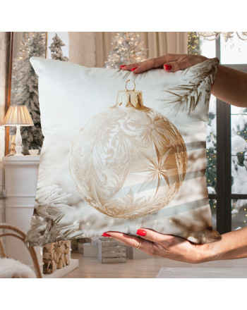 Welwetowa poszewka dekoracyjna, świąteczny nadruk w tonacji beżowo-złotej 3D, rozmiar 40x40 cm, Złota bombka