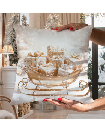 Welwetowa poszewka dekoracyjna, świąteczny nadruk w  tonacji szaro-złotej, rozmiar 40x40 cm, Złote sanie