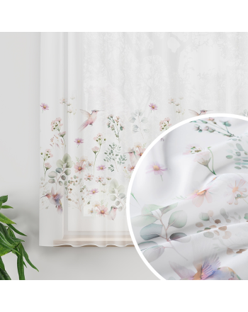 Firanka woal z ołowianką z nadrukiem ptaków i kwiatów, kolor różowy, wysokość 157 cm, Polina - sprzedawana na metry