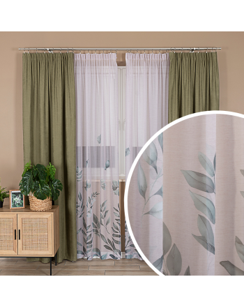 Beżowa firana gotowa z woalu na taśmie z botanicznym wzorem w postaci liści, rozmiar 140x250 cm