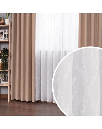 Biała firanka haftowana gotowa z motywem gałęzi drzew, rozmiar 140x250 cm