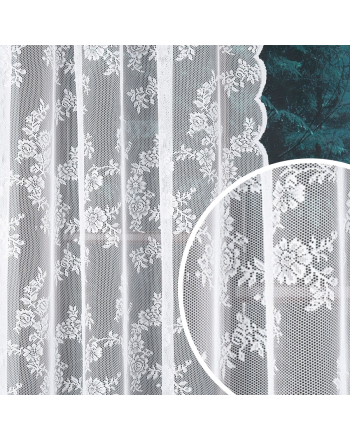 Biała firana żakardowa z różanym wzorem, boki wykończone ozdobną chmurką, kolor biały, szerokość 150 cm, 090375 - sprzedawana na metry 
