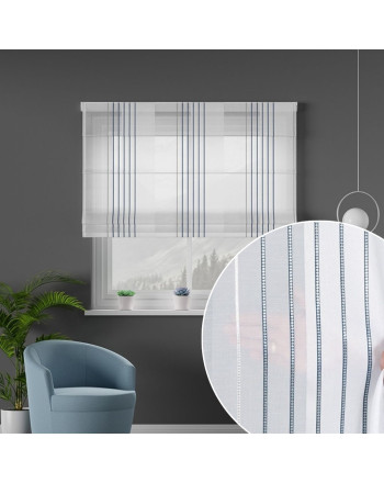 Roleta rzymska firanowa z tkaniny dekoracyjnej, biała z granatowo-srebrnym zdobieniem, wysokość 300 cm - szyta na wymiar