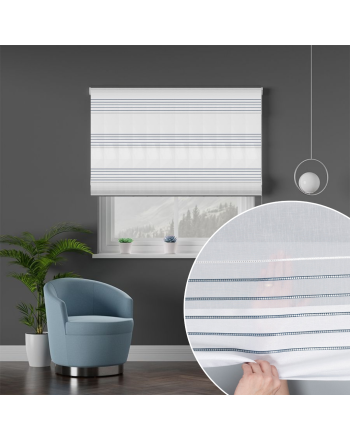 Roleta rzymska z tkaniny dekoracyjnej, biała z granotowo-srebrnym zdobieniem, szerokość 150 cm - szyta na wymiar