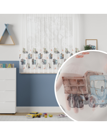 Firanka woalowa do szyny sufitowej do pokoju dziecka Pojazdy, wysokość 155 cm, kolor niebieskoszary - szyta na wymiar