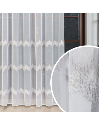 Biała firanka haftowana ze wzorem pasowym, haft szaro-srebrny, 112750,  wysokość 280 cm - sprzedawana na metry