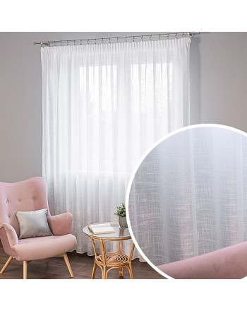 Biała firanka gotowa typu len na taśmie z połyskiem, oferowana w dwóch rozmiarach