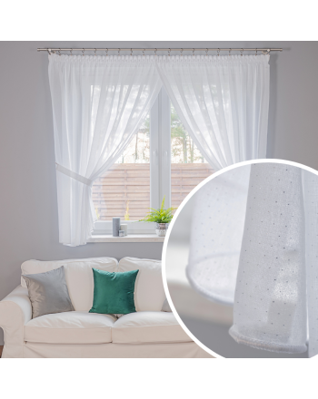 Biała firana gotowa zakładana na taśmie ze srebrnymi kropkami, rozmiar 400x160 cm