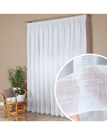 Biała firanka gotowa typu len na taśmie, szerokość 300-400 cm wysokość 250 cm