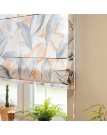 Roleta rzymska o strukturze lnu w musztardowo-szare liście, szerokość do 180 cm - szyta na wymiar