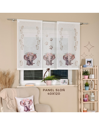 Panel firanowy o strukturze lnu do pokoju dziecięcego z motywem słonia, rozmiar 40x120 cm