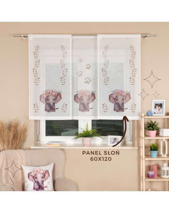Panel firanowy o strukturze lnu do pokoju dziecięcego z motywem słonia, rozmiar 60x120 cm