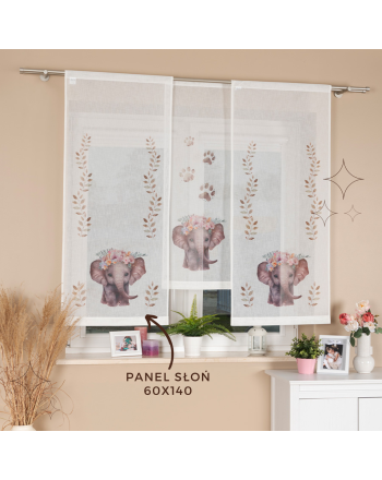 Panel firanowy o strukturze lnu do pokoju dziecięcego z motywem słonia, rozmiar 60x140 cm