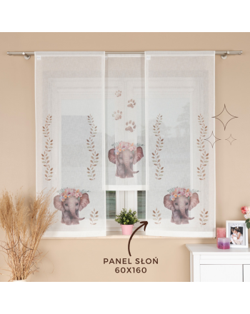 Panel firanowy o strukturze lnu do pokoju dziecięcego z motywem słonia, rozmiar 60x160 cm