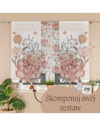 Panel firanowy o strukturze lnu z motywem piwonii w stylu boho, rozmiar 40x120 cm