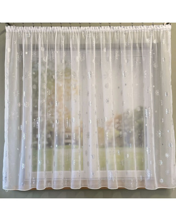 Gotowa firana świąteczna woal ze srebrem nadrukiem na taśmie 300x160 cm Śnieżka