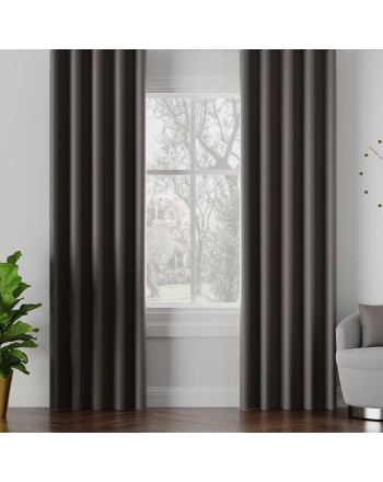 Zasłona do salonu z tkaniny zaciemniającej typu blackout na taśmie, kolor ciepły ciemny szary, Dona - szyta na wymiar