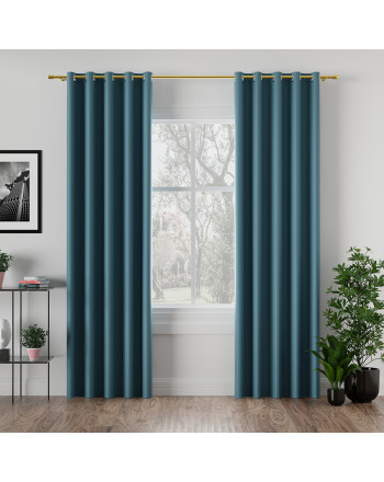 Zasłona do salonu z tkaniny zaciemniającej typu blackout na przelotkach, kolor niebieski - szyta na wymiar
