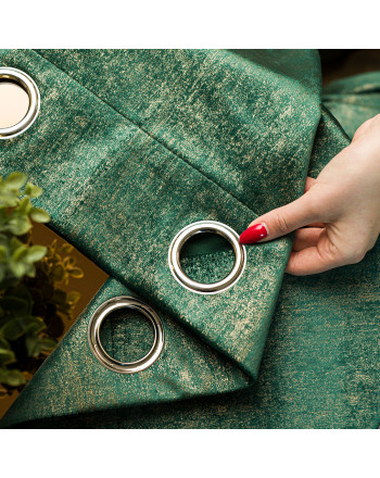 Gotowa zasłona welwetowa na przelotkach, ze złotym nadrukiem, kolor ciemnozielony butelkowy, rozmiar 140x250 cm, Eleonora