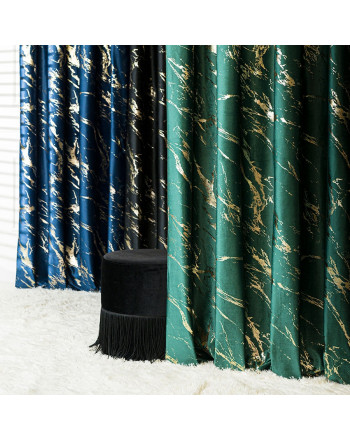 Welwetowa zasłona ze złotym marmurowym nadrukiem, na taśmie marszczącej,  kolor butelkowa zieleń, wysokość 300 cm, Marma - szyta na wymiar