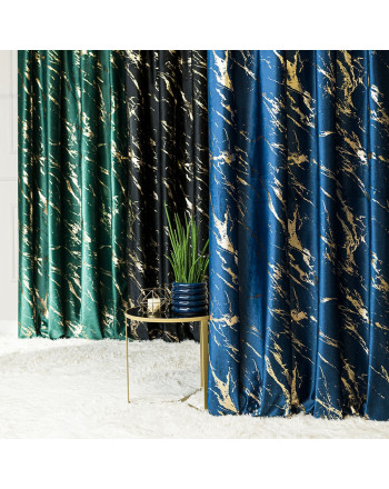 Zasłona ze złotym marmurowym nadrukiem, na taśmie marszczącej, kolor granatowy, wysokość do 290 cm, Marma - szyta na wymiar