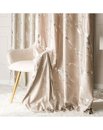 Zasłona welwetowa ze srebrnym marmurowym nadrukiem, na taśmie marszczącej, kolor ciemny kremowy, wysokość do 290 cm, Marma - szyta na wymiar