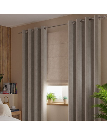 Gotowa zasłona z miękkiej welwetowej tkaniny Velvi, kolor szaro-beżowy na przelotkach