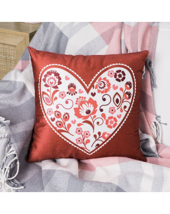 Poszewka z welwetu z sercem i folkowymi motywami, 40x40cm, kolor czerwony