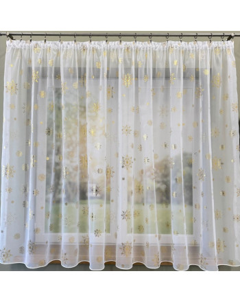 Krótka firana świąteczna gotowa woal ze złotym nadrukiem na taśmie 300x160 cm Śnieżka