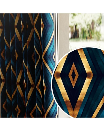 Welwetowy materiał na zasłony, drukowany ze wzorem geometrycznym, kolor granatowy, szerokość 150 cm - sprzedawany na metry