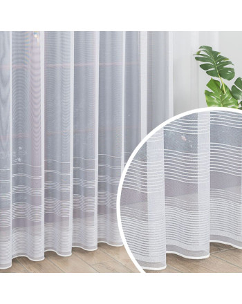 Długa gotowa firanka żakardowa, kolor biały ze srebrzystymi pasami z metalizowanej przędzy,  dostępna w  kilku rozmiarach, Tatiana